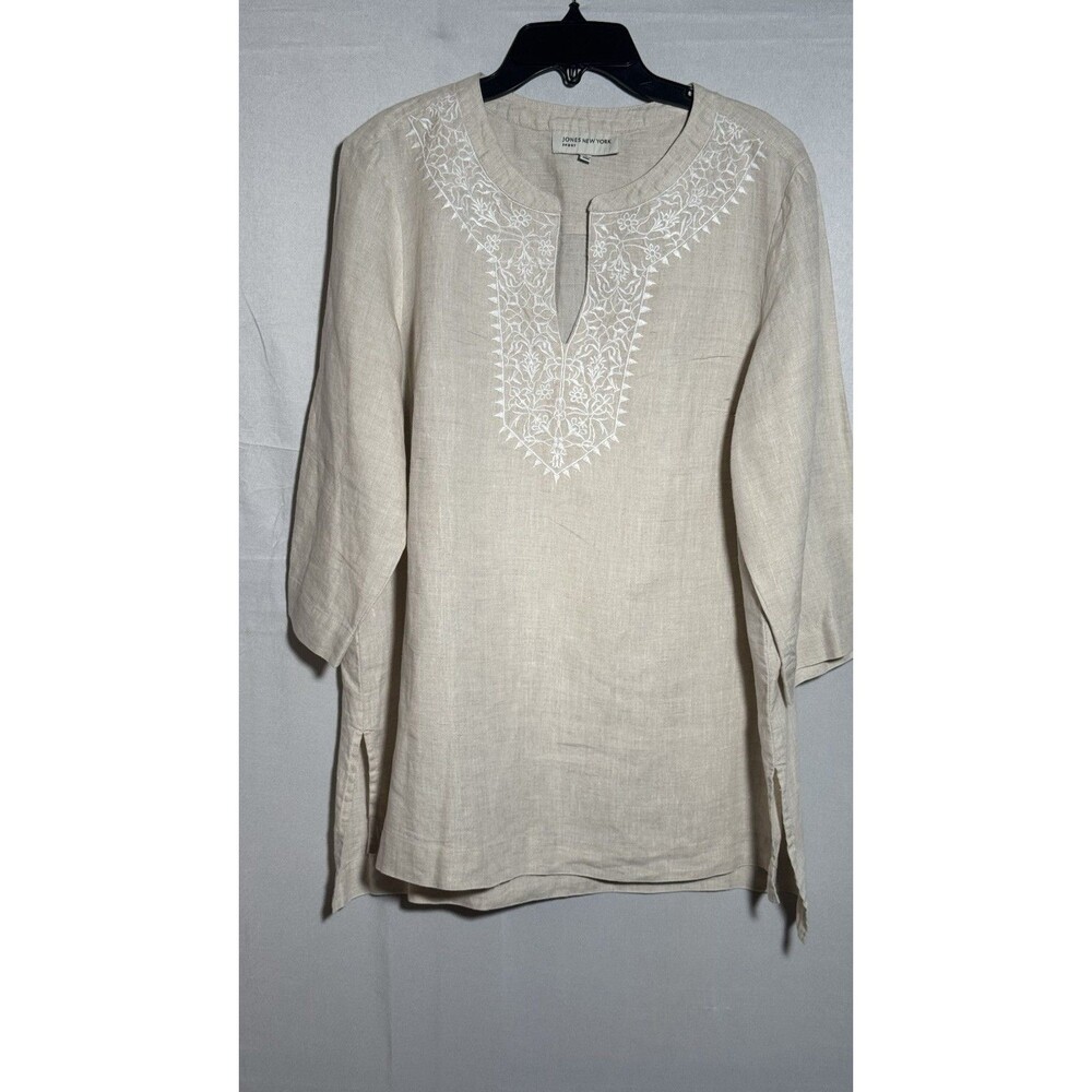 Jones New York Sport 100% Linen Embroidered Tunic Top Beige Large Boho Coastal
